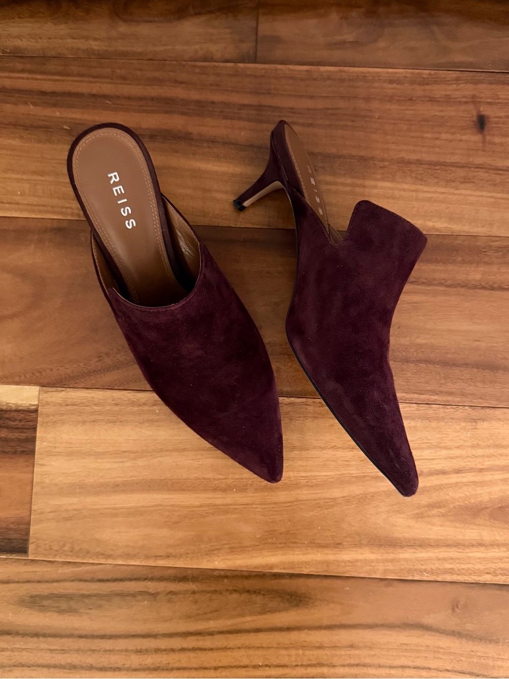 Reiss Burgundy Suede Pointed-Toe Mule Heels